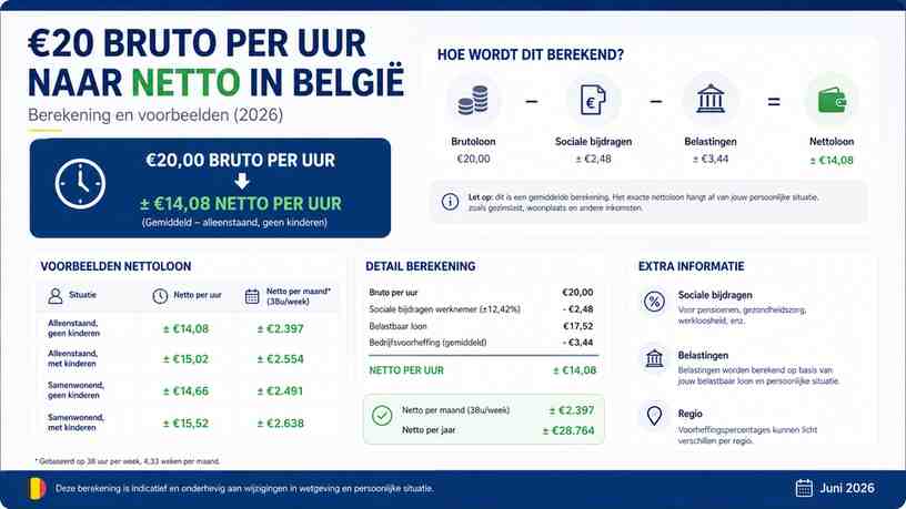 €20 bruto per uur naar netto in België: berekening en voorbeelden